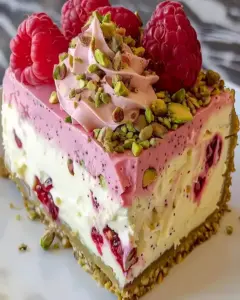 Cremiger Pistazien Himbeer Käsekuchen mit Himbeermousse