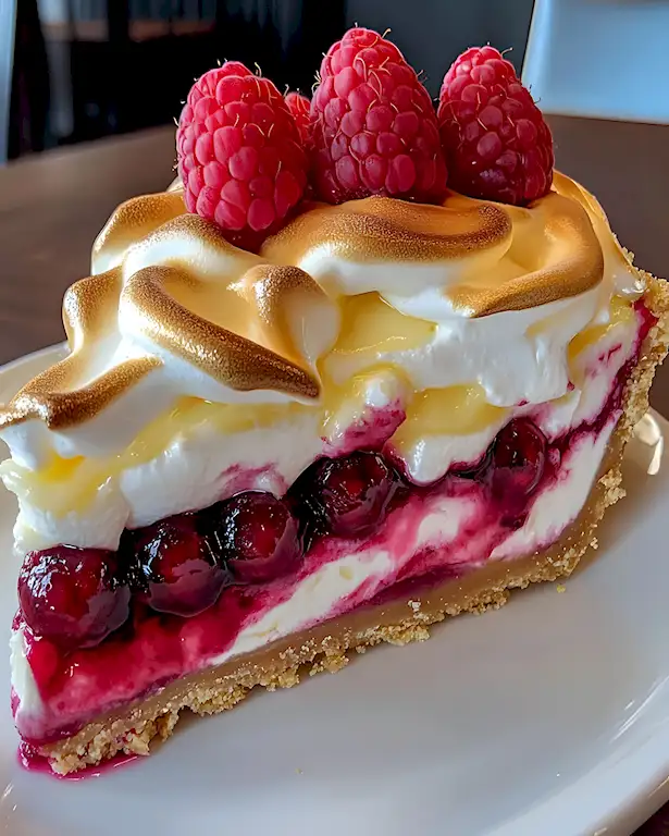 Cremiger Zitronen-Himbeer-Käsekuchen mit Baiserhaube