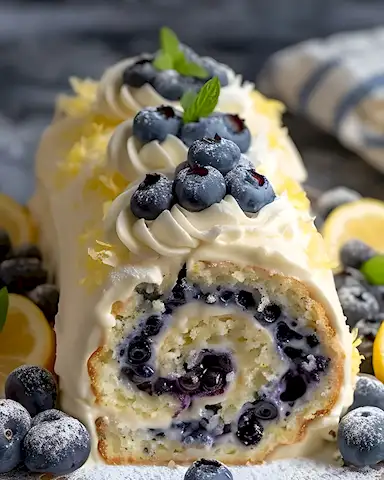Frische Biskuitrolle mit Zitrone und Blaubeeren