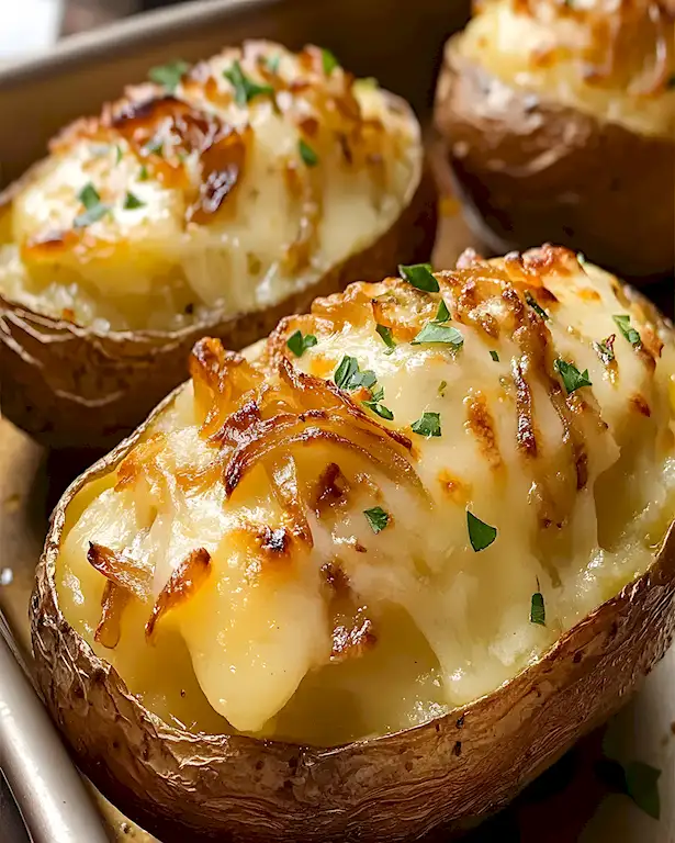 Gefüllte Ofenkartoffeln mit Zwiebeln und Gruyère 2 Gefüllte Ofenkartoffeln mit Zwiebeln und Gruyère