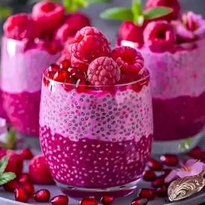Gesundes Chia Dessert mit Granatapfel und Himbeeren