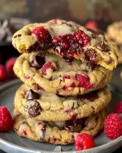 Leckere Cookies mit Himbeeren und Schokolade
