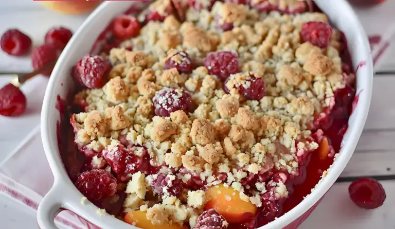Leckerer Himbeer-Pfirsich-Crumble mit Streuseln