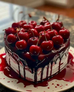 Romantischer Herz-Kuchen mit Kirschen und Sahne