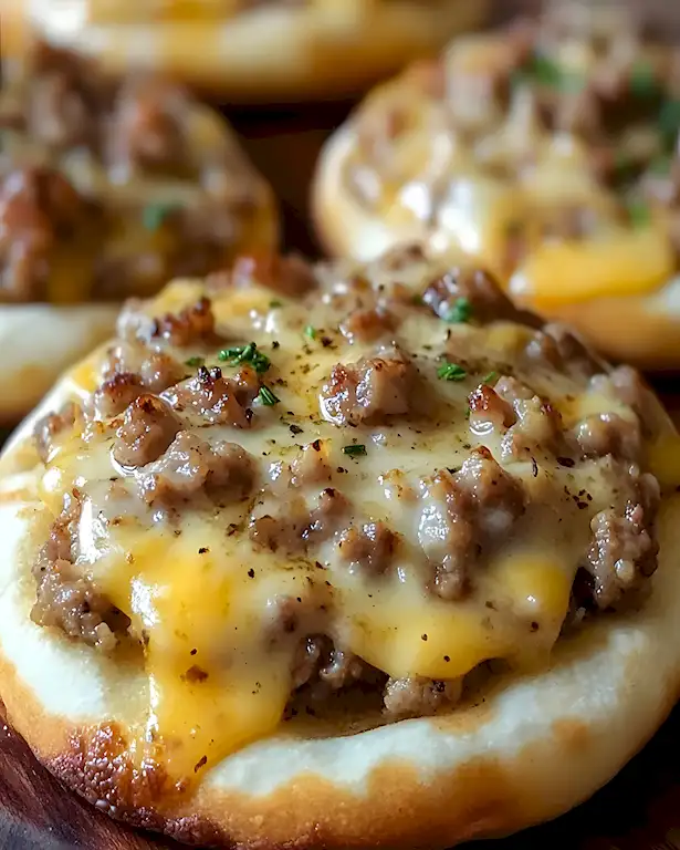 Rustikale Frühstückspizza mit Wurstsoße auf English Muffins 2 Rustikale Frühstückspizza mit Wurstsoße auf English Muffins