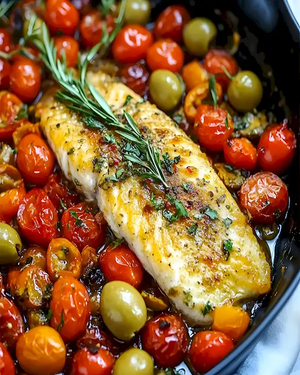 Saftiger Fisch mit Tomaten und Oliven aus dem Ofen