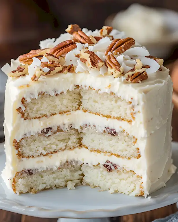 Saftiger Weißer Schokoladenkuchen mit Kokos-Pekan-Füllung 2 Saftiger Weißer Schokoladenkuchen mit Kokos-Pekan-Füllung