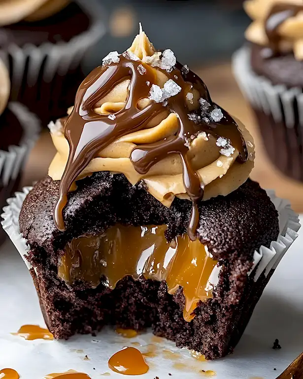 Schoko-Cupcakes mit gesalzenem Karamell und Erdnussbutter Frosting 2 Schoko-Cupcakes mit gesalzenem Karamell und Erdnussbutter Frosting