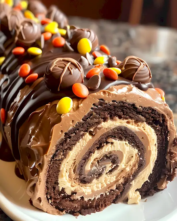 Schoko-Erdnussbutter-Roulade mit Reese's Stücken 2 Schoko-Erdnussbutter-Roulade mit Reese’s Stücken