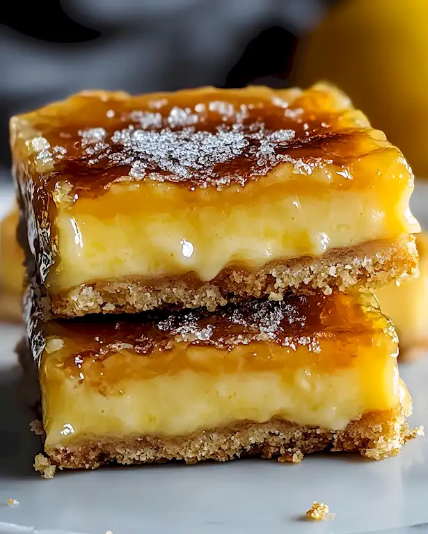 Zitronen-Crème-Brûlée-Riegel mit knackiger Karamellschicht 2 Zitronen-Crème-Brûlée-Riegel mit knackiger Karamellschicht