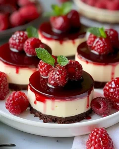 Glänzende Mini-Käsekuchen mit Himbeersauce 8 Glänzende Mini-Käsekuchen mit Himbeersauce