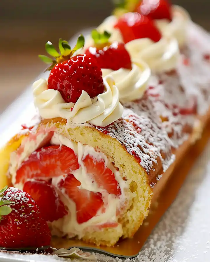 Saftige Biskuitrolle mit Erdbeeren und Sahne 2 Saftige Biskuitrolle mit Erdbeeren und Sahne