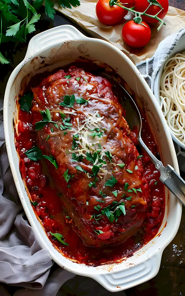 Herzhafter Hackbraten in Tomatensoße mit Pasta 2 Herzhafter Hackbraten in Tomatensoße mit Pasta