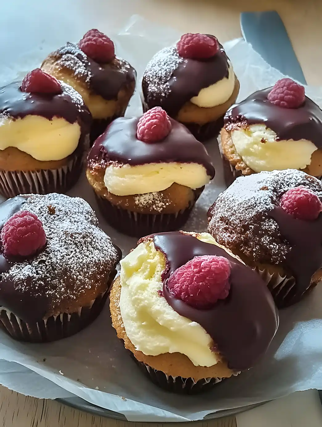 Donauwellen Muffins mit cremigem Vanillepudding