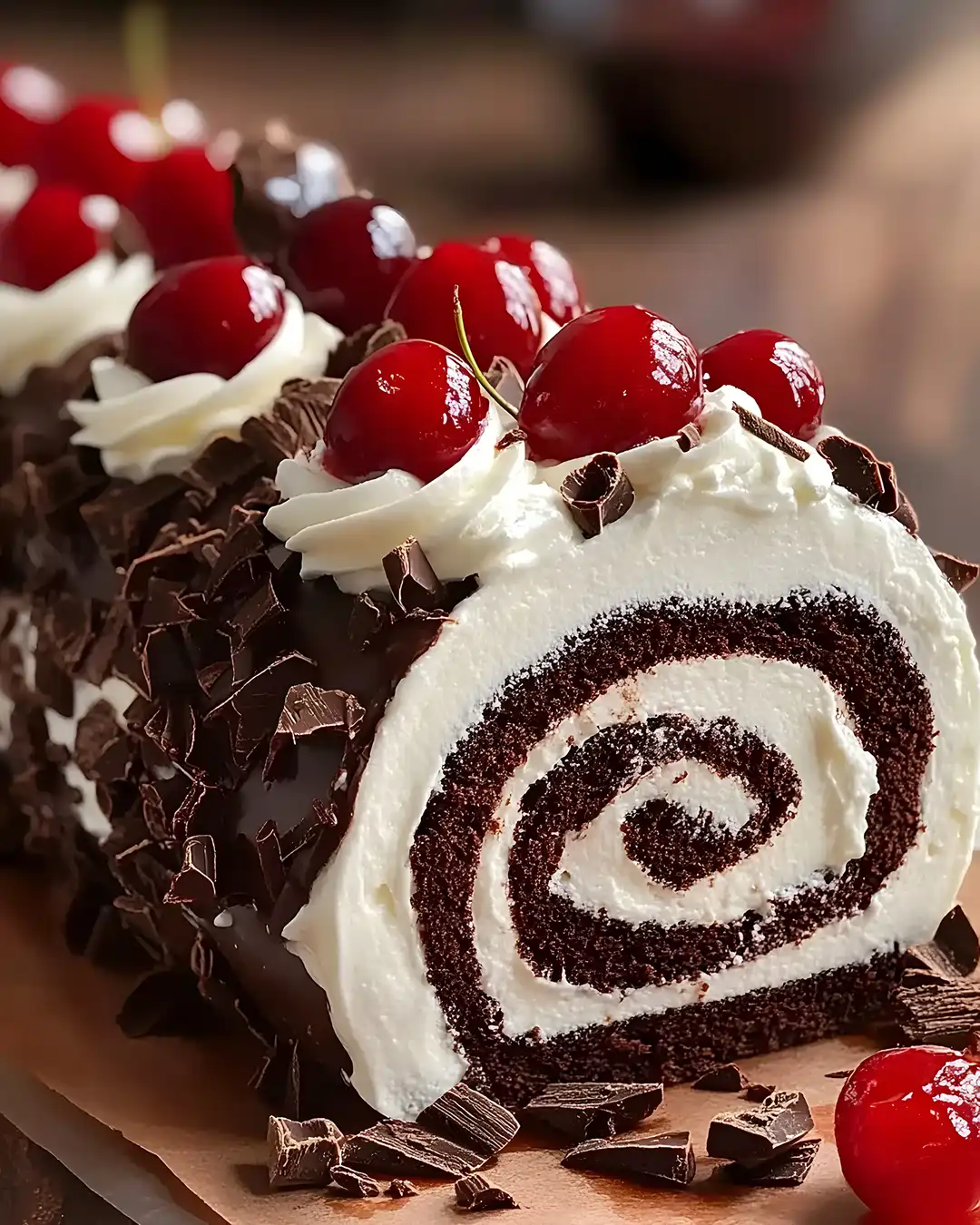 Schnelle Schwarzwälder Rolle mit Kirschen