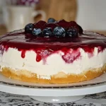 Schnelle Windbeuteltorte mit Frischkäse und Kirschen