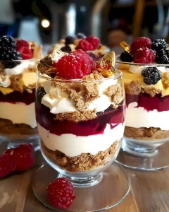 Weihnachtliches Schichtdessert mit Früchten und Keksen