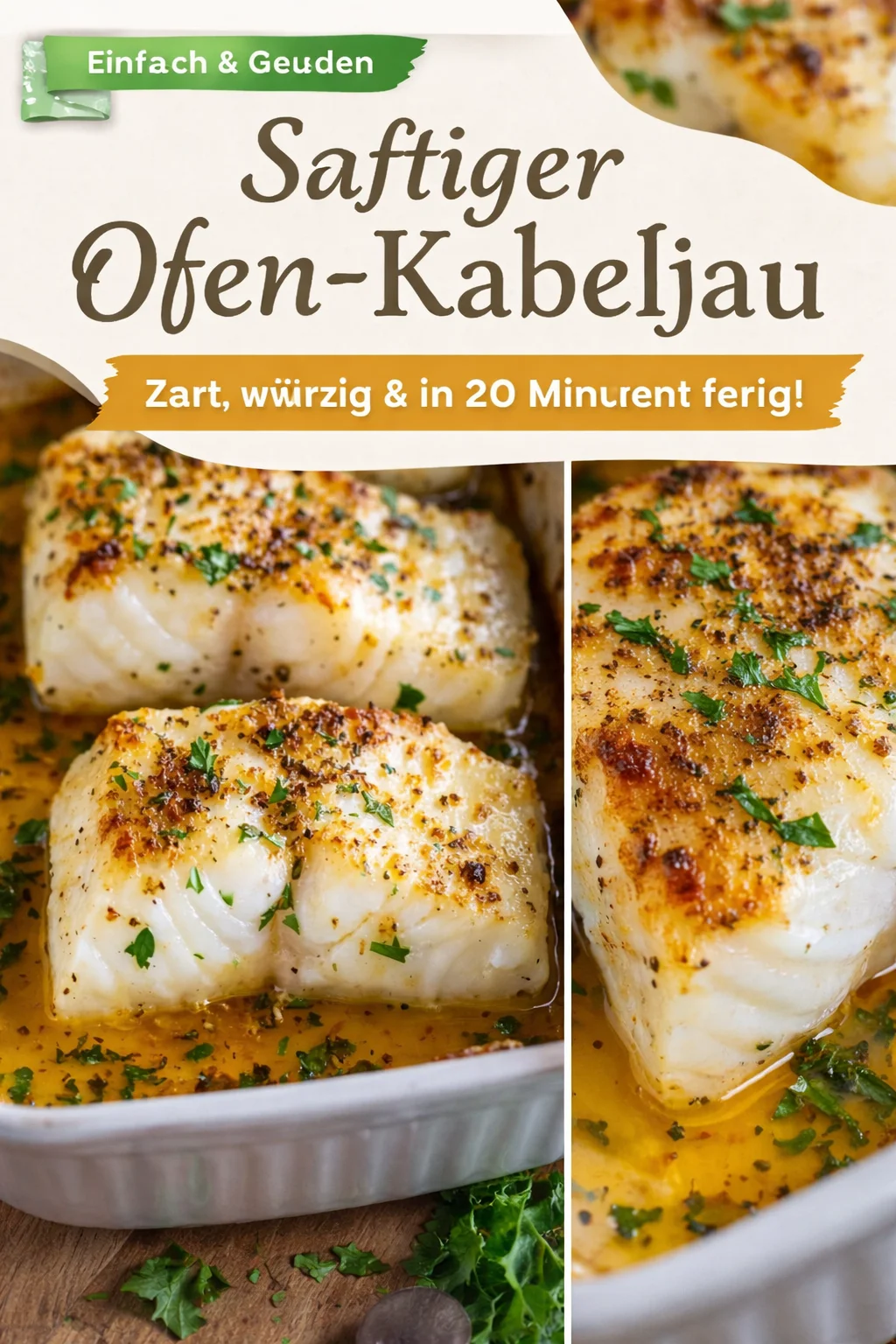 Überbackener Kabeljau mit Knoblauchbutter: Einfach und Schnell! - Entdecke das Rezept für überbackenen Kabeljau mit köstlicher Knoblauchbutter, das in nur 20 Minuten servierbereit ist! Perfekt für ein schnelles Abendessen und leicht nachzukochen. Überrasche deine Familie mit diesem leckeren Fischgericht, das nicht nur den Gaumen erfreut, sondern auch einfach zuzubereiten ist. Probiere es jetzt aus und bring Frische auf deinen Tisch! #Kabeljau #SchnelleGerichte #Fischliebe