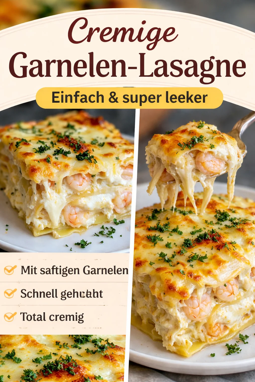 Cremige Garnelen-Lasagne: Die perfekte Seelenwärmer für Regenabende - Entdecken Sie unser unwiderstehliches Rezept für cremige Garnelen-Lasagne! Dieses Gericht ist nicht nur einfach zuzubereiten, sondern verwöhnt auch Ihren Gaumen mit einer reichen Sauce, frischen Garnelen und geschmolzenem Käse. Ideal für schnelle Abendessen, wenn Sie keine Lust zu kochen haben. Probieren Sie es aus und überzeugen Sie sich selbst! #GarnelenLasagne #SchnelleRezepte #LeckeresEssen