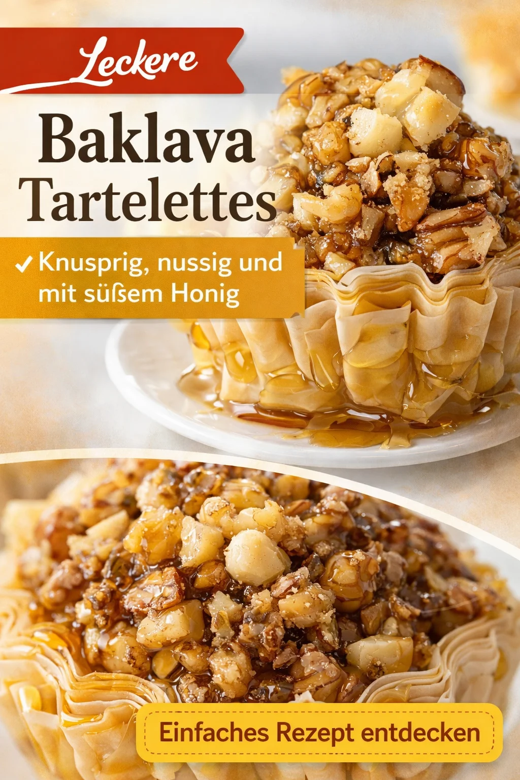 Einfach Karamell Baklava Törtchen mit Pekannüssen - Lecker und Schnell! - Lust auf ein himmlisches Dessert? Diese knusprigen Pekannuss Karamell Baklava Törtchen sind der perfekte Genuss! Mit zartem Filoteig und einer köstlichen Füllung aus Pekannüssen, Zimt und Karamell sind sie schnell zubereitet und einfach unwiderstehlich. Probiere das Rezept und lass dich verzaubern! Teile deine Kreationen mit uns! #Baklava #Dessert #Karamell