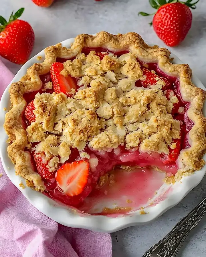 Erdbeer-Rhabarber-Crumble-Pie mit knuspriger Oberseite und fruchtiger Füllung