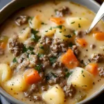 Schüssel mit leckerer Hamburger Suppe, garniert mit frischen Kräutern.