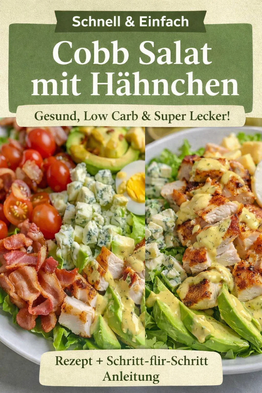 Herzhafter Cobb Salat mit würzigem Senf-Dressing zubereiten - Entdecke diesen köstlichen Cobb Salat, der perfekt für jede Gelegenheit ist! Frisches Gemüse, zartes Hähnchen und krosser Speck vereinen sich in einem einfachen Rezept, das du leicht an deinen Geschmack anpassen kannst. Perfekt für ein gesundes Mittagessen oder als sättigende Beilage. Lass dir diesen Genuss nicht entgehen! Probiere es aus und teile deine Kreationen mit uns! #CobbSalat #GesundeRezepte #EinfachKochen