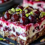 Käsekuchen mit Pistaziencreme auf einem Teller angerichtet