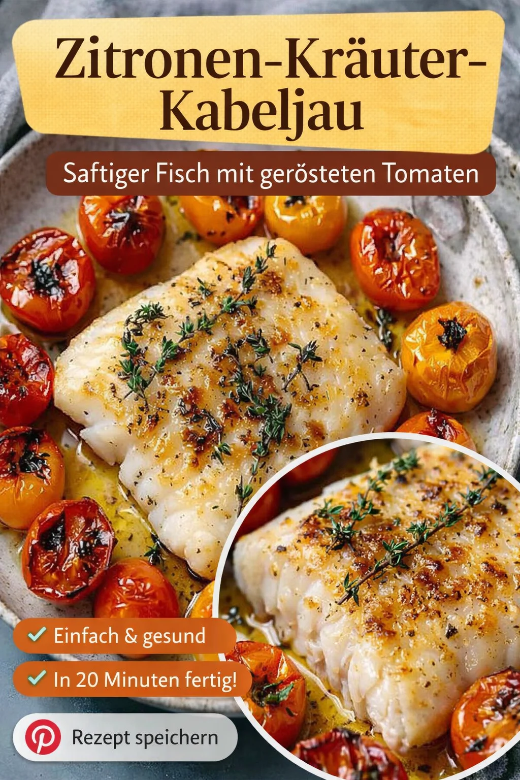 Leichter Ofen-Kabeljau mit Tomaten und Thymian für jeden Tag - Entdecke ein schnelles und gesundes Rezept für gebackenen Kabeljau mit saftigen Tomaten und frischem Thymian. Ideal für ein leichtes Abendessen, das garantiert jedem schmeckt. Probiere es heute aus und bring Abwechslung auf deinen Tisch! Du wirst begeistert sein. #Kabeljau #gesundesessen #schnellerezepte