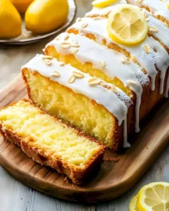 Zitronenkuchen mit Joghurt auf einem Teller, frisch gebacken und garniert.
