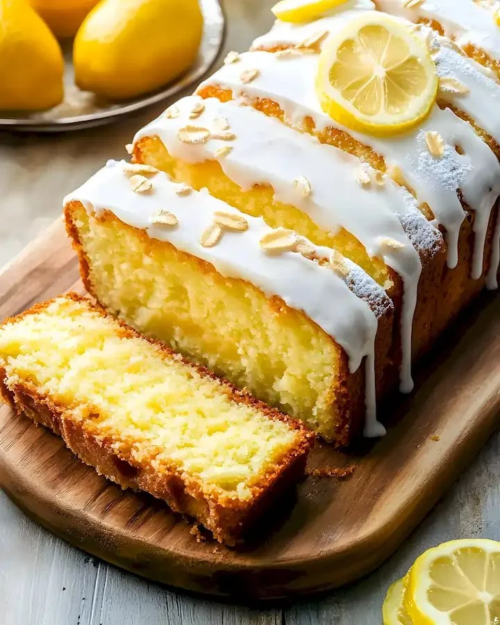 Zitronenkuchen mit Joghurt auf einem Teller, frisch gebacken und garniert.