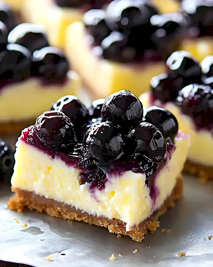 Zitronen-Käsekuchen-Riegel mit Blaubeertopping auf einem Teller.
