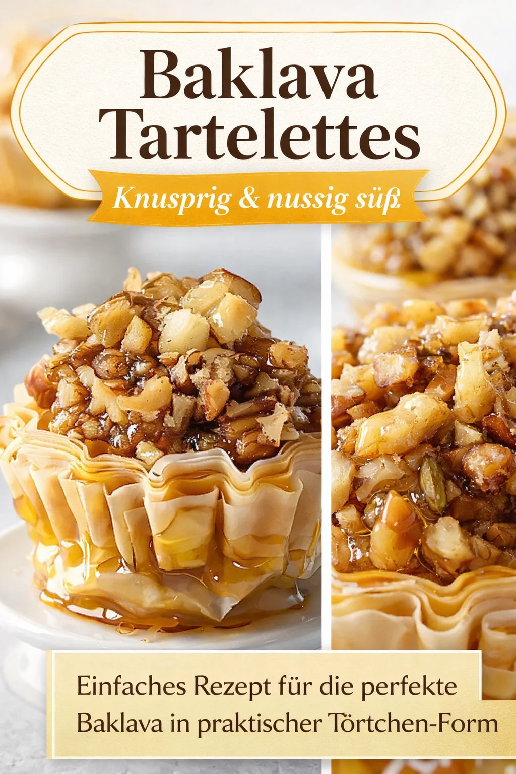 Pekannuss Karamell Baklava Törtchen - Einfach und unwiderstehlich lecker! - Entdecke das Rezept für diese knusprigen Pekannuss Karamell Baklava Törtchen! Kleine Glücklichmacher, die schnell und einfach zubereitet sind. Perfekt für jede Nascherei und ideale Portionen für Gäste. Lass dir diese Kombination aus Filoteig und pekanischer Süße nicht entgehen! Probiere es jetzt aus und verwöhne dich und deine Liebsten! #Baklava #Dessert #Backen