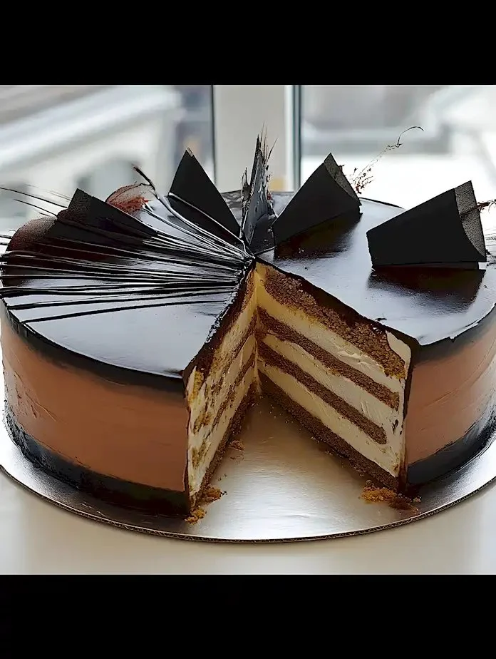 Leckere Prinzregententorte mit Schokoladenschichten und Sahne