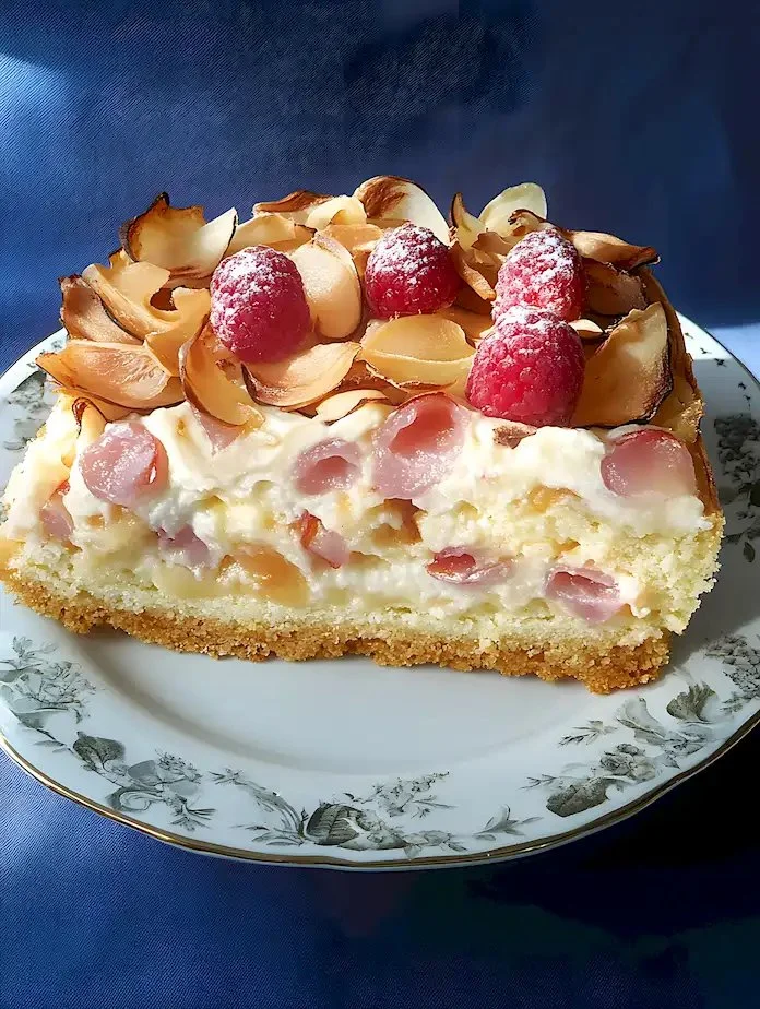 Rhabarberkuchen mit Schmandhaube 2 Rhabarberkuchen mit Schmandhaube auf einem Teller