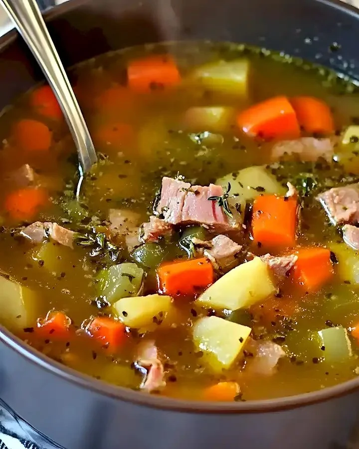 Schüssel Rindfleischsuppe mit frischem Gemüse und Kräutern