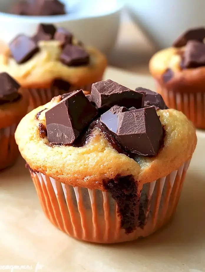 Saftige Joghurt-Muffins mit großen Schokostücken auf einem Teller