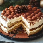 Weihnachtliches Tiramisu mit Kakao und festlicher Dekoration auf einem Teller