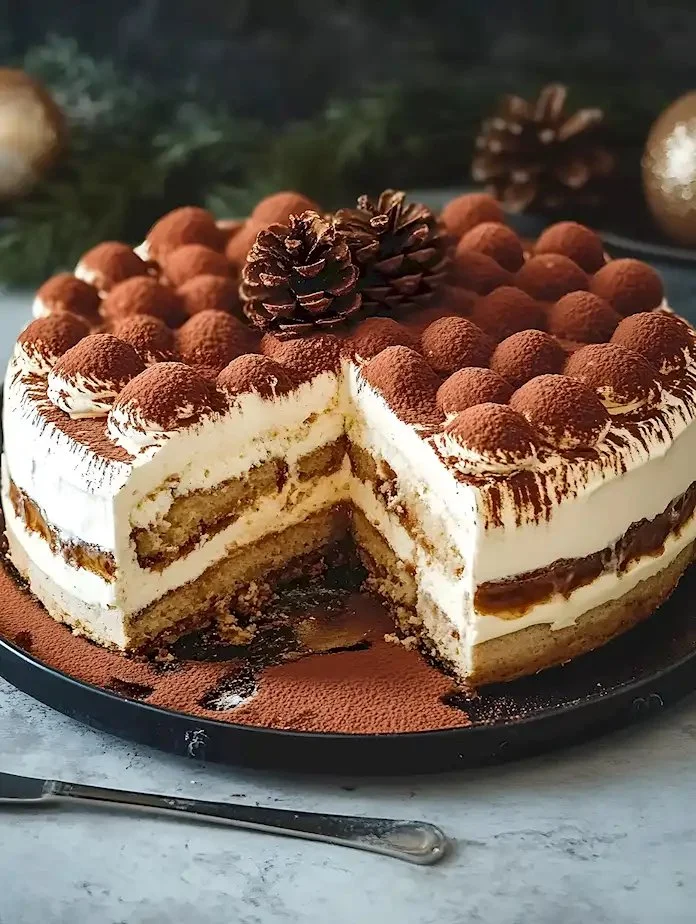 Weihnachtliches Tiramisu mit Kakao und festlicher Dekoration auf einem Teller