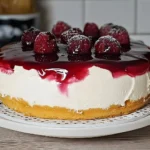 Windbeuteltorte mit Frischkäse auf einem Teller, dekoriert mit Früchten