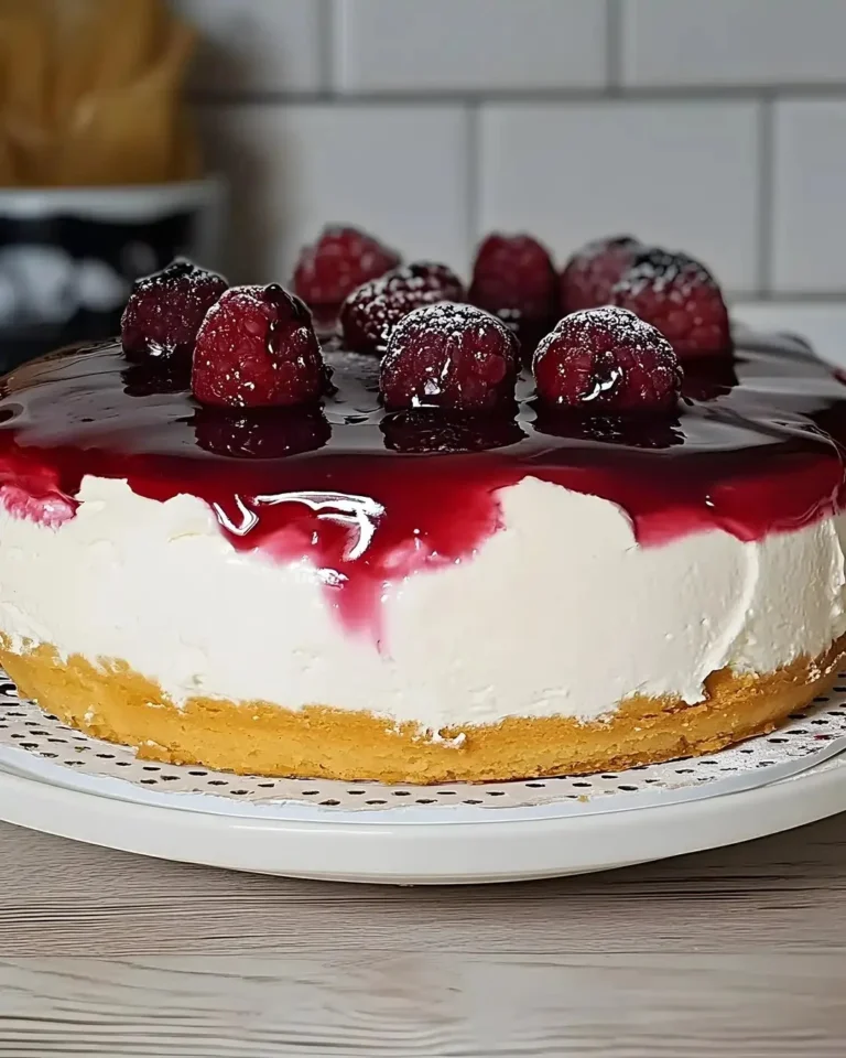 Windbeuteltorte mit Frischkäse auf einem Teller, dekoriert mit Früchten