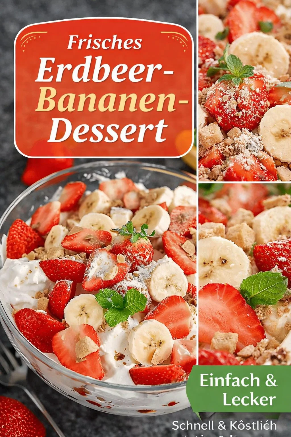 Fruchtiger Erdbeer-Bananen-Käsekuchen-Salat für heiße Tage - Lust auf eine erfrischende und süße Versuchung? Unser Erdbeer-Bananen-Käsekuchen-Salat ist perfekt für warmes Wetter! Cremiger Käsekuchengeschmack trifft auf die Süße von frischen Erdbeeren und Bananen. Einfach zuzubereiten und ideal für jeden Anlass! Probiere unser Rezept aus und genieße eine köstliche Leckerei. Klicke auf 'Mehr erfahren' für die vollständige Anleitung! #KäsekuchenSalat #Süßspeisen #LeckereRezepte