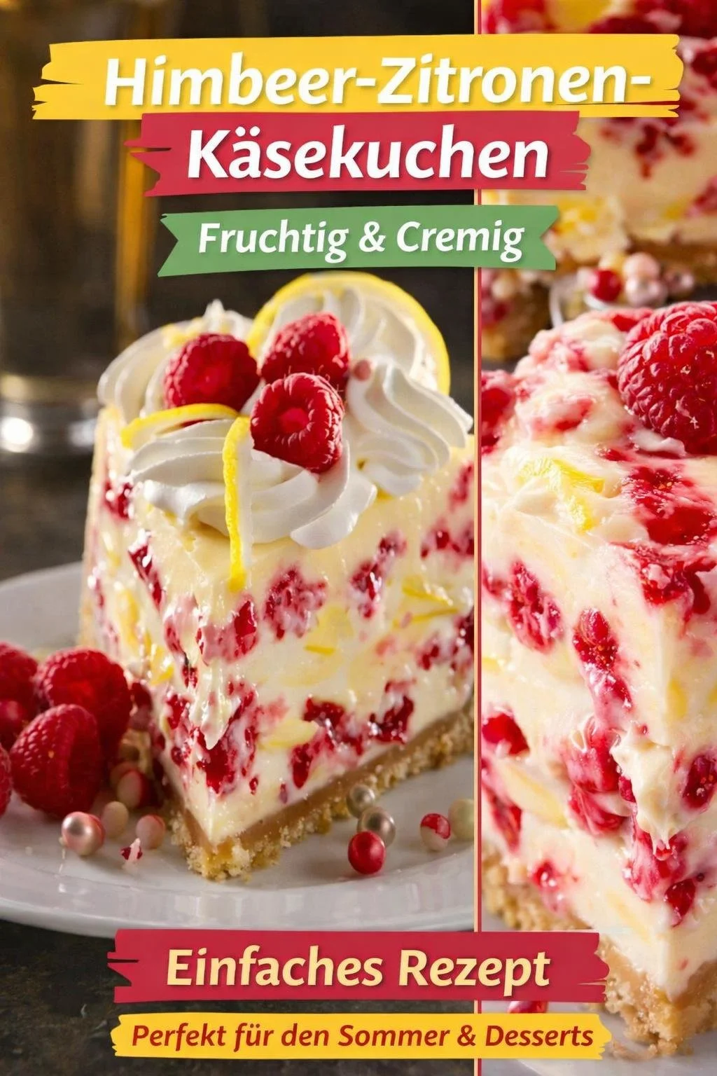 Himmlischer Käsekuchen mit Zitrone und Himbeeren – Frisch und Cremig! - Lust auf ein cremig-frisches Dessert? Dieser Käsekuchen vereint die süße Frische von Himbeeren mit der spritzigen Säure von Zitrone. Perfekt für besondere Anlässe oder einfach zum Genießen! Folge diesem einfachen Rezept und verwöhne Dich selbst. Teile mit Deinen Freunden und entdecke, wie einfach es ist, diesen himmlischen Kuchen zuzubereiten! #Käsekuchen #Dessert #Rezepte