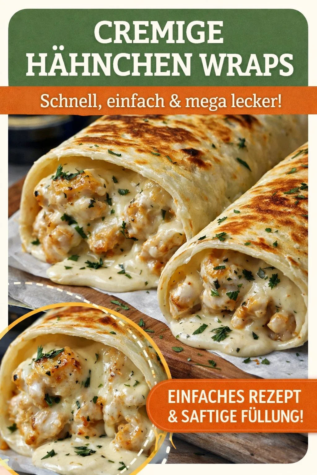 Käse Knoblauch Hähnchen Wraps: Schnelle und leckere Snack-Idee - Hunger auf etwas Herzhaftes? Diese Käse Knoblauch Hähnchen Wraps sind die perfekte Lösung! Schnell zubereitet und voller Geschmack, ideal für ein unkompliziertes Mittagessen oder einen Snack. Lass dich von der Kombination aus zartem Hähnchen, Käse und würzigem Knoblauch verzaubern. Probier sie jetzt aus und überzeuge dich selbst! #WrapRezepte #KäseKnoblauch #Snacks