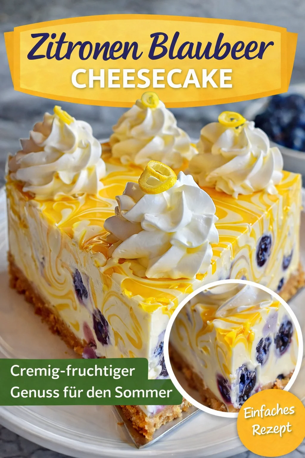 Lass dich von unserem Zitronen-Blaubeer-Swirl-Käsekuchen verzaubern! Lass dich von unserem Zitronen-Blaubeer-Swirl-Käsekuchen verzaubern! - Dieser Zitronen-Blaubeer-Swirl-Käsekuchen ist der perfekte Genuss für jede Kaffeepause oder Feier. Mit seiner cremigen Textur und dem frischen Geschmack von Zitronen und Blaubeeren verwöhnt er eure Sinne. Probiere das Rezept aus und beeindrucke Familie und Freunde mit deinem Backtalent. Du wirst sehen, wie schnell er verschwindet! Klicke jetzt, um das Rezept zu entdecken! #Käsekuchen #Backen #Dessert