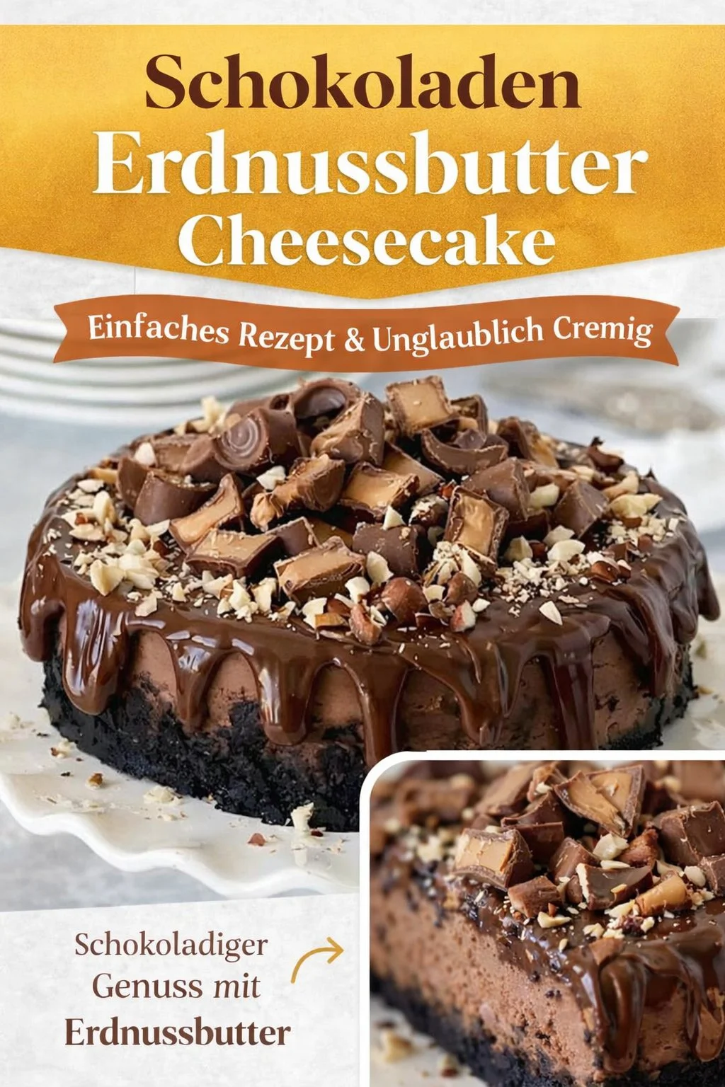 Unwiderstehlicher Erdnussbutter-Käsekuchen – Cremig und lecker! - Lust auf etwas Süßes? Der Erdnussbutter-Käsekuchen ist die perfekte Wahl! Dieser cremige Käsekuchen begeistert mit einer Mischung aus Frischkäse, Erdnussbutter und Schokoladen-Graham-Crackern. Ideal für Feiern oder als süßer Snack. Lass dir dieses himmlische Rezept nicht entgehen! Probiere ihn jetzt aus! #Käsekuchen #Erdnussbutter #Desserts