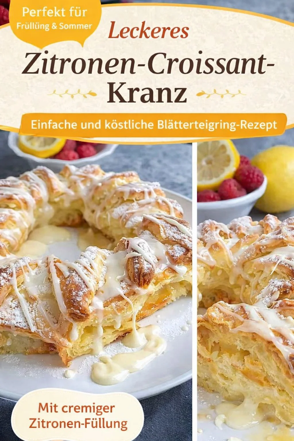 Verführerischer Zitronen Quark Kranz: Ein Genuss für jeden Anlass - Erlebe den unwiderstehlichen Geschmack eines Zitronen Quark Kranzes, frisch aus dem Ofen! Mit seiner goldbraunen Kruste und der köstlichen Füllung wird er deine Gäste begeistern. Ideal für Feste oder als süßer Snack. Lass dich von den frischen Aromen verzaubern und probiere dieses Rezept noch heute aus! #ZitronenQuark #Backen #Sommerrezept