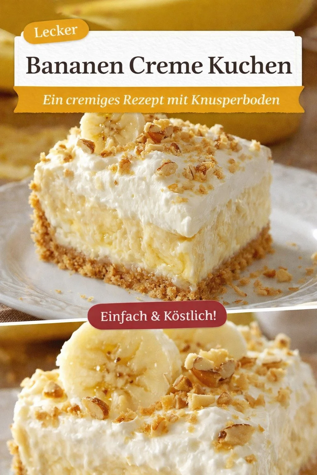 Verwöhne dich mit einem himmlischen Bananenpudding Crunch Käsekuchen - Suchst du nach dem perfekten Dessert, das sowohl cremig als auch knackig ist? Der Bananenpudding Crunch Käsekuchen ist deine Antwort! Mit einer knusprigen Kruste, einem delikaten Käsekuchen und köstlicher Bananenfüllung wirst du ihn lieben! Probiere das Rezept aus und teile deine Ergebnisse mit uns! #Käsekuchen #DessertRezept #Bananenpudding
