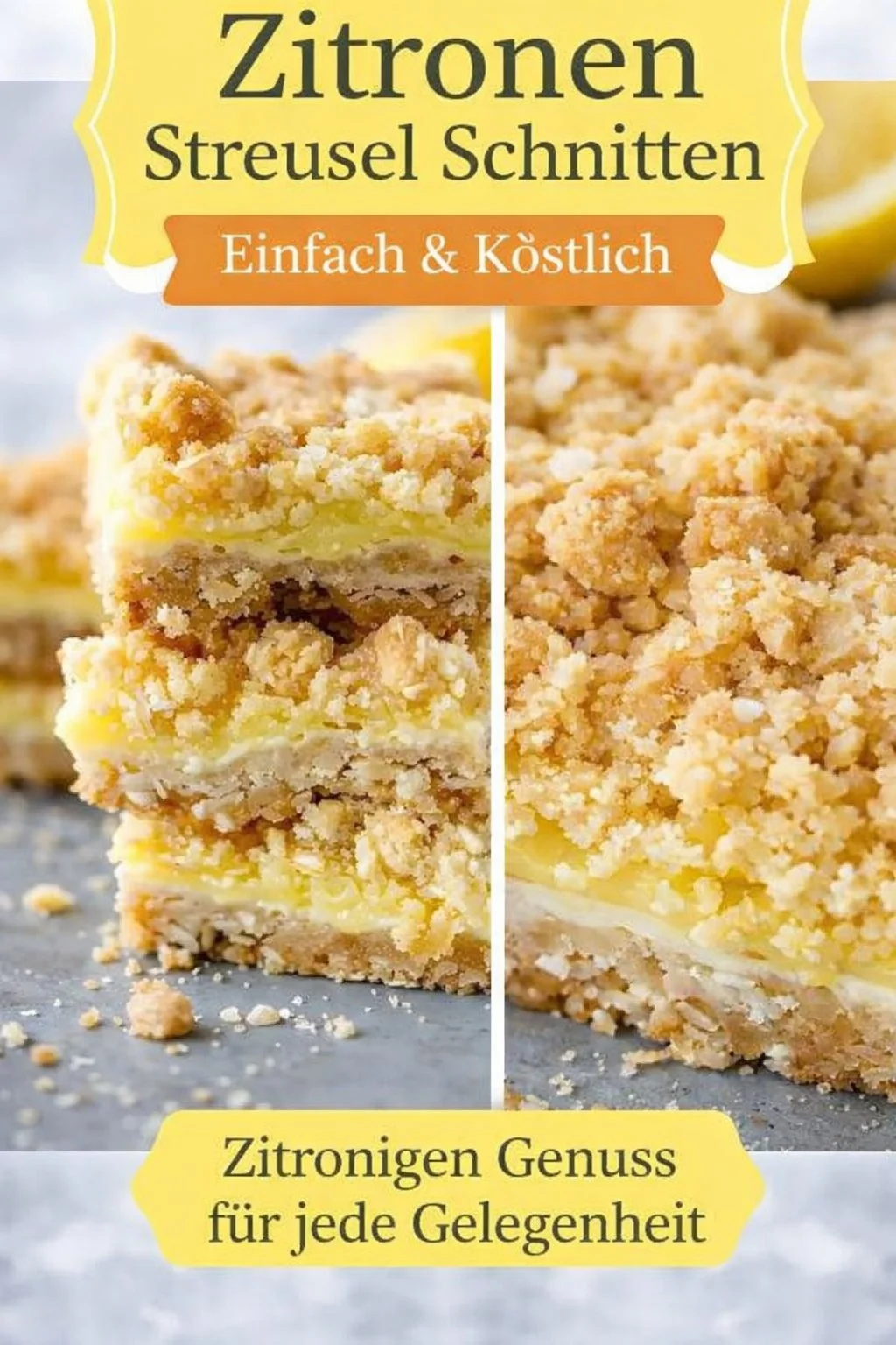 Zitronen Streusel Schnitten: Süße Leckerei mit sonnigem Geschmack Zitronen Streusel Schnitten: Süße Leckerei mit sonnigem Geschmack - Holen Sie sich den Sommer auf den Teller mit unseren köstlichen Zitronen Streusel Schnitten! Diese himmlischen Schnitten verbinden die frische Säure von Zitronen mit einer cremigen Füllung und knusprigen Haferflockenstreuseln. Ideal für eine süße Auszeit oder als Dessert beim nächsten Treffen. Lassen Sie sich diese einfache und schnelle Rezeptur nicht entgehen! Probieren Sie es jetzt aus! #ZitronenSchnitte #Süßes #Backen
