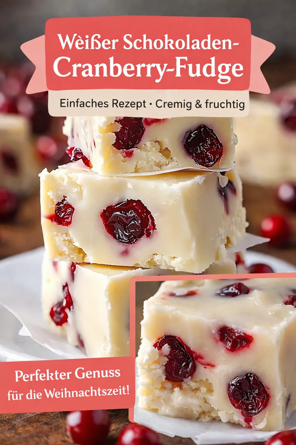 Cranberry Fudge mit Weißer Schokolade – Einfach und Beeindruckend! - Lust auf eine süße Versuchung, die einfach und schnell zubereitet ist? Dieses Rezept für Cranberry Fudge mit weißer Schokolade wird alle begeistern! Perfekt für die Feiertage oder als tolles Geschenk. Lass dir dieses schnelle Rezept nicht entgehen und verwöhne deine Liebsten. Probiere es jetzt aus! #CranberryFudge #Weißeschokolade #Süßspeisen